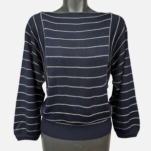 ESCADA 70's Luxury VTG Navy White Stripe Preppy Boat Neck Sweater Women sz 38